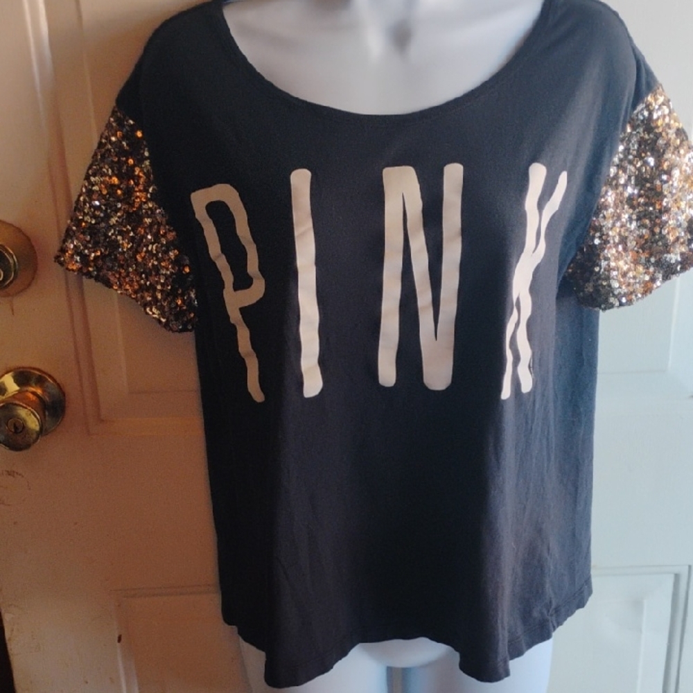 PINK Victoria's Secret Black T-Shirt With Gold Sequin Sleeves